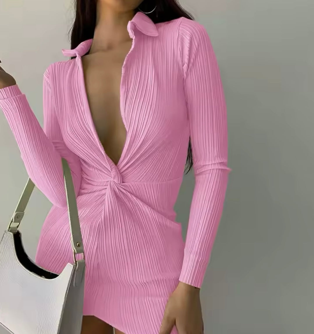 Levoire | Rippoptik Profond V-Manches Longues Mini Robe Rosa