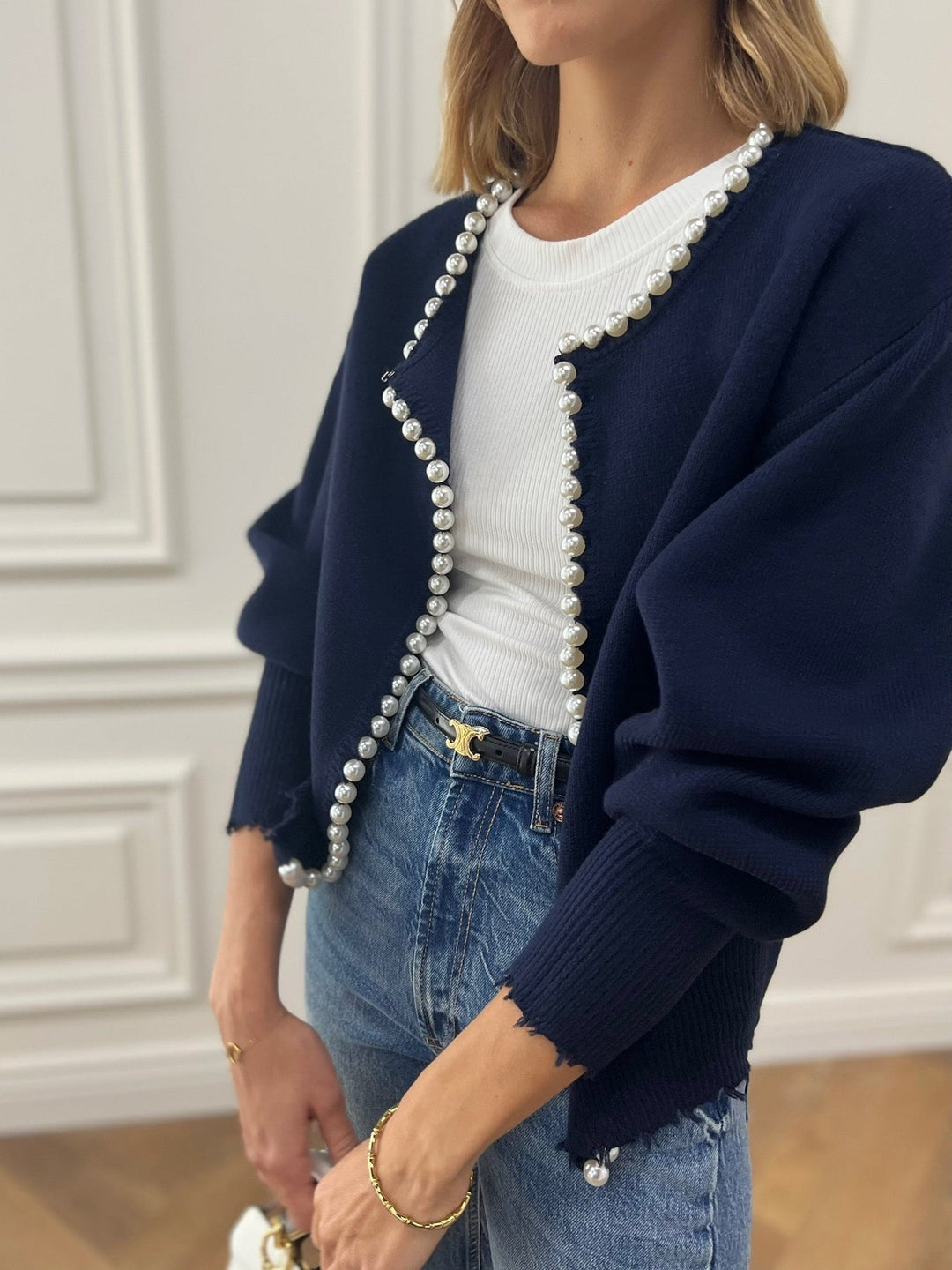 Levoire | Veste En Tricot Sans Boutons Avec Embellissements En Perles Bleu