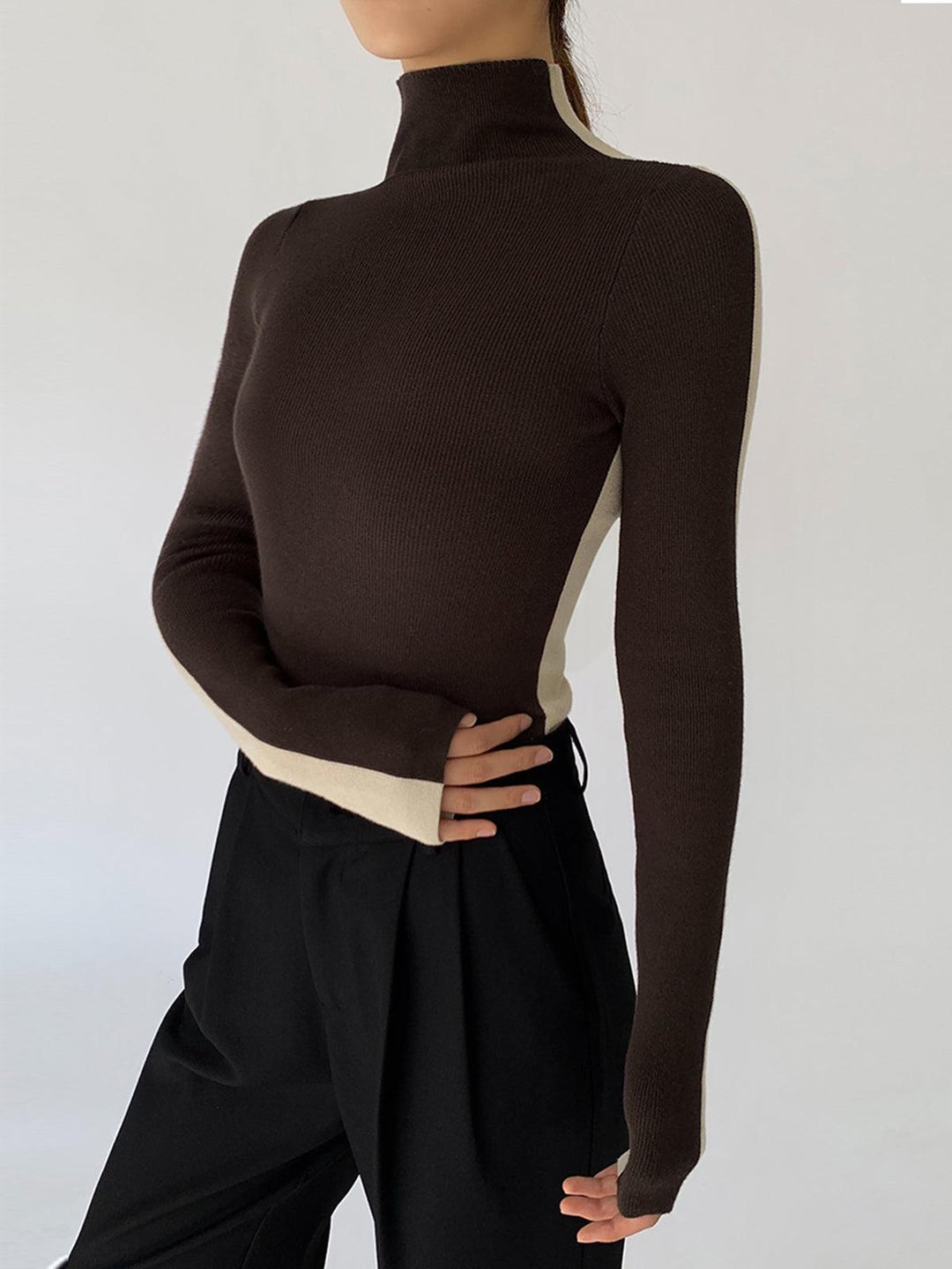 Levoire | Haut En Tricot À Manches Longues Bicolore Pour Femmes Marron foncé