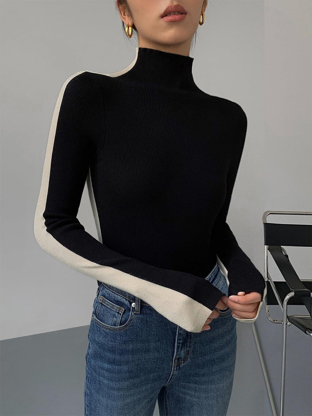 Levoire | Haut En Tricot À Manches Longues Bicolore Pour Femmes Noir