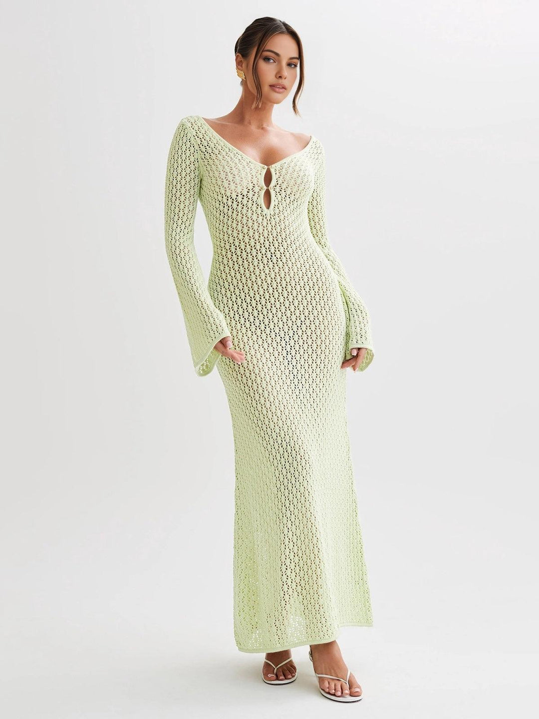 Levoire | Robe Au Crochet Longue Avec Manches En Cloche Pour Femmes Vert clair