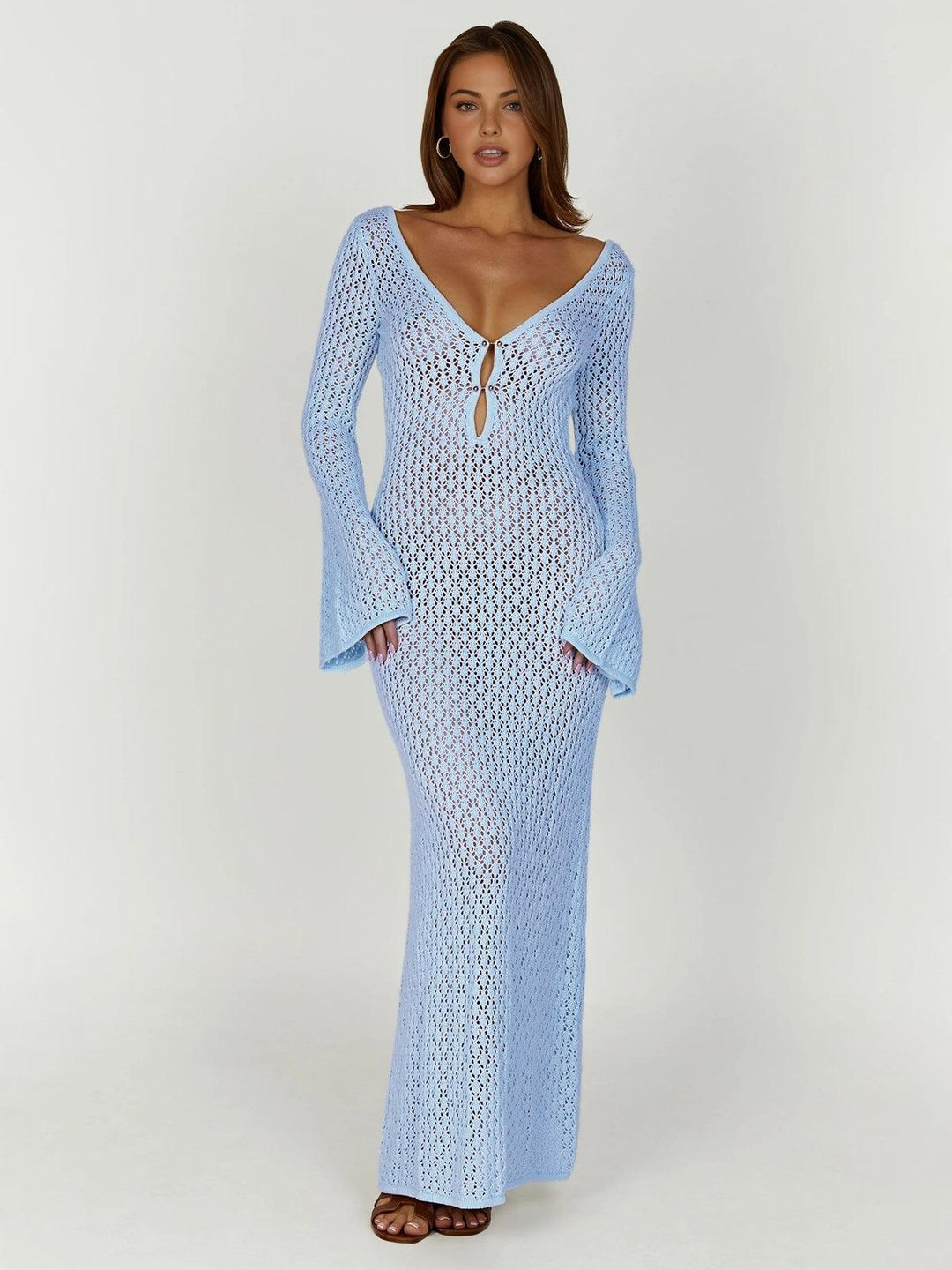 Levoire | Robe Au Crochet Longue Avec Manches En Cloche Pour Femmes Bleu clair