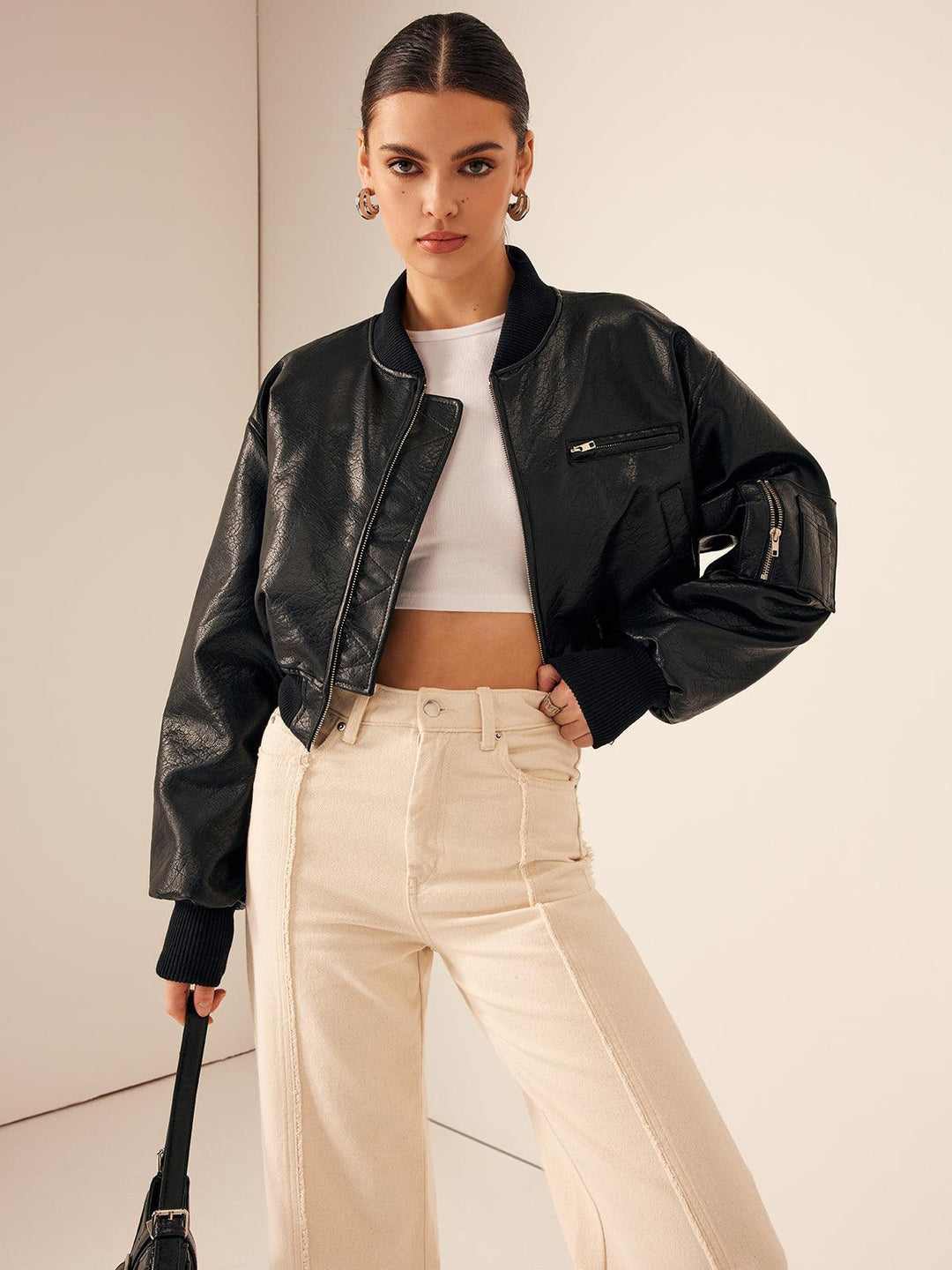 Levoire | Veste En Cuir Courte Avec Poches Zippées Pour Femmes XL