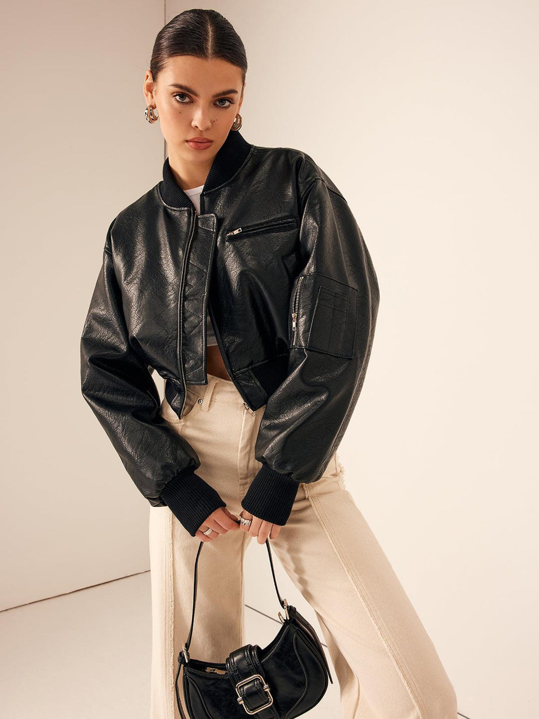 Levoire | Veste En Cuir Courte Avec Poches Zippées Pour Femmes