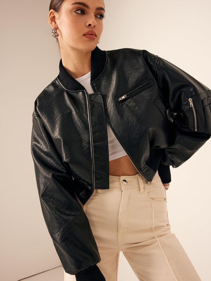 Levoire | Veste En Cuir Courte Avec Poches Zippées Pour Femmes