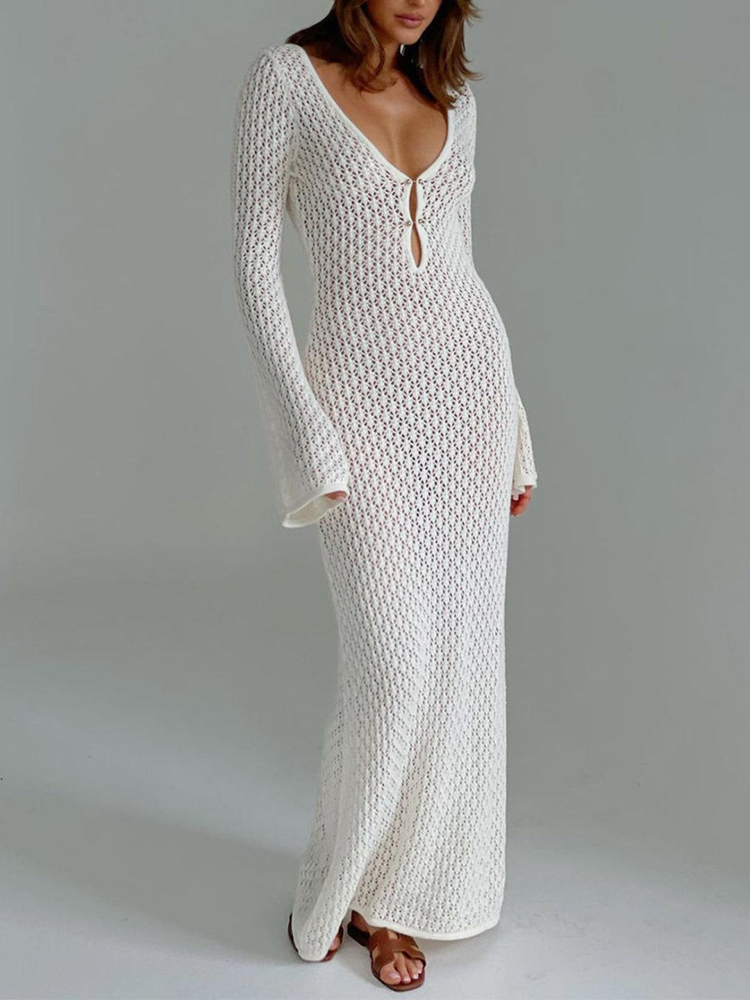 Levoire | Robe Au Crochet Longue Avec Manches En Cloche Pour Femmes Blanc