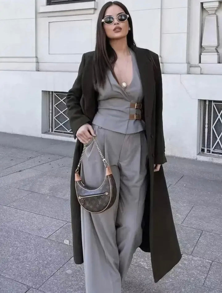 Levoire | Femme Tendance Sans Manches Ensemble Avec Top À Boucles Et Pantalon À Plis Ample En Beige