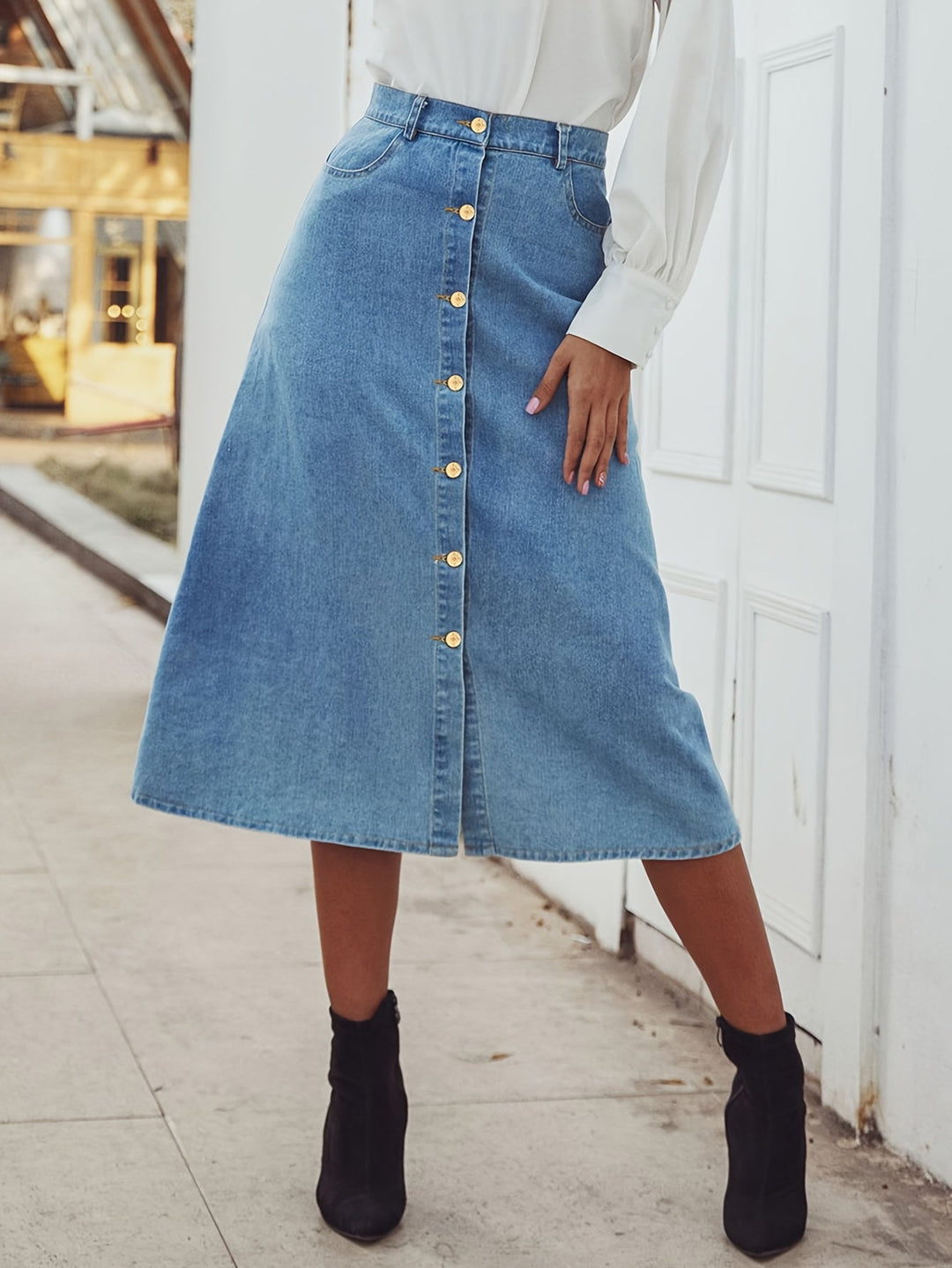 Levoire | Jupe En Denim Midi Élégante Avec Bouton