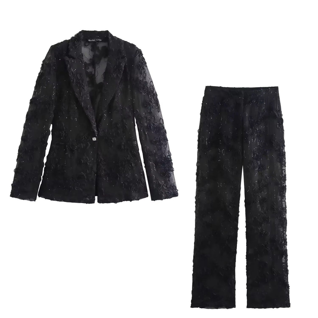 Levoire | Blazer Élégant Noir Avec Broderie De Fleurs 3D