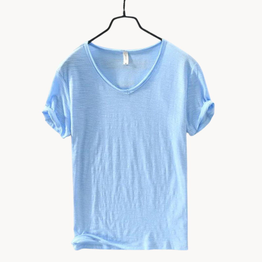 Levoire | Chemise Premium En Coton À Manches Courtes Col V Style Intemporel Bleu