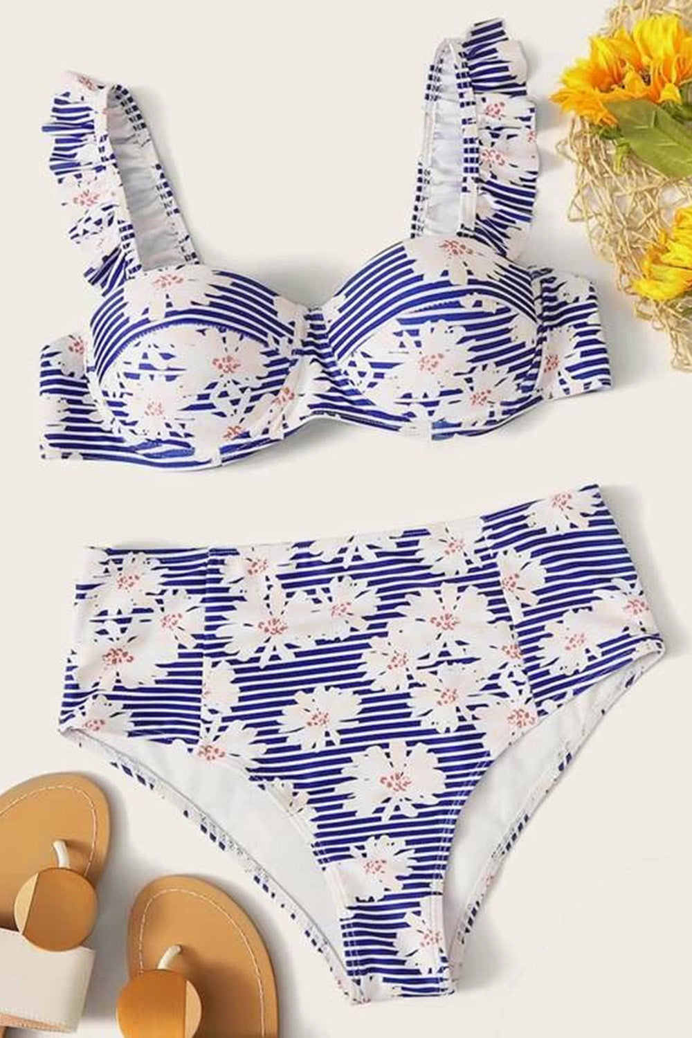 Levoire | Motif floral et rayures, maillot de bain bikini avec volant et sous-fil Bleu