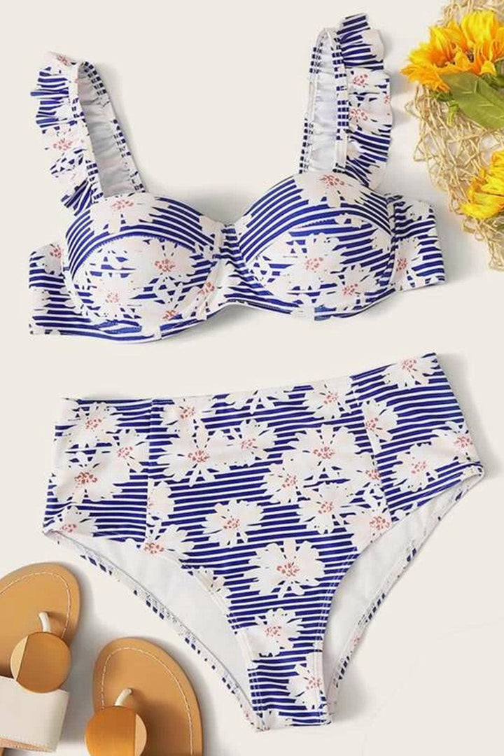 Levoire | Motif floral et rayures, maillot de bain bikini avec volant et sous-fil Bleu