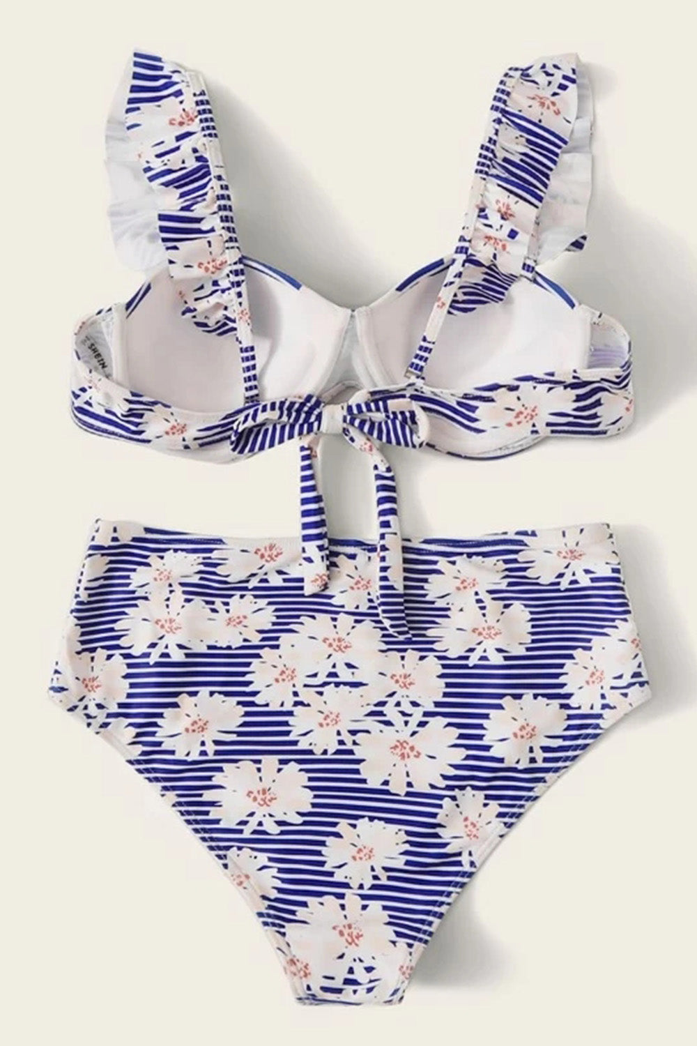 Levoire | Motif floral et rayures, maillot de bain bikini avec volant et sous-fil