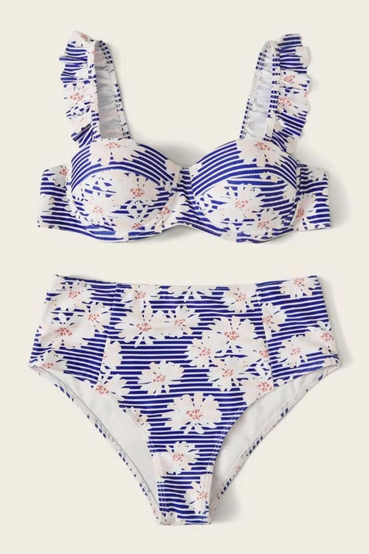 Levoire | Motif floral et rayures, maillot de bain bikini avec volant et sous-fil