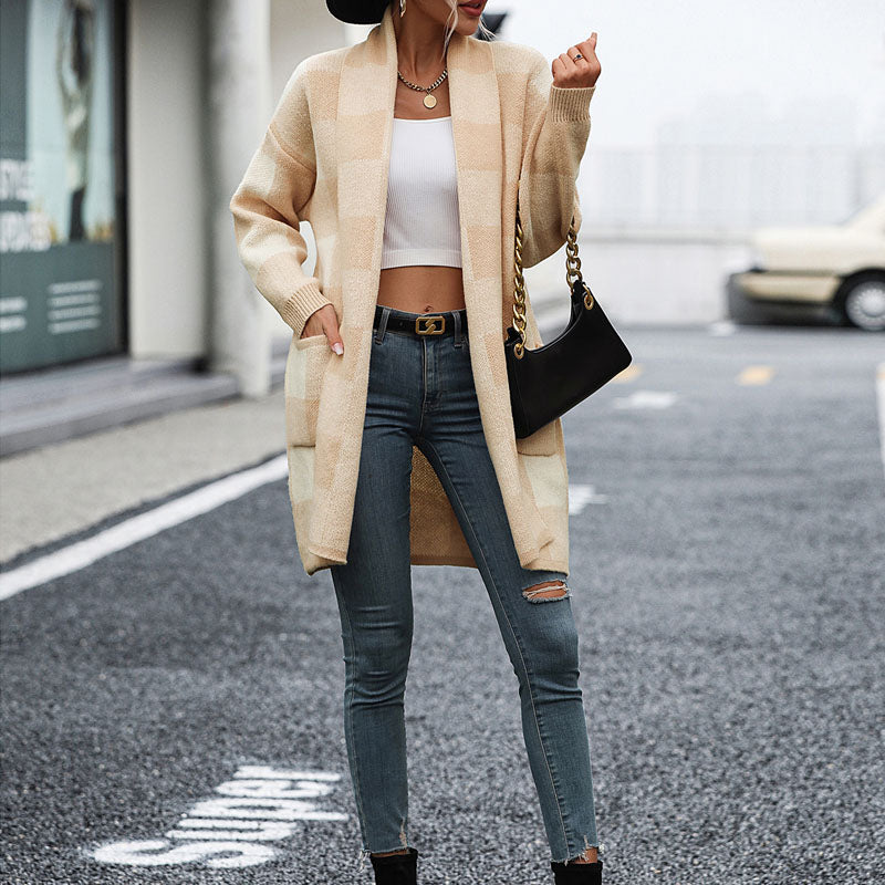 Levoire | Gilet Décontracté Femme Long Avec Motif À Carreaux