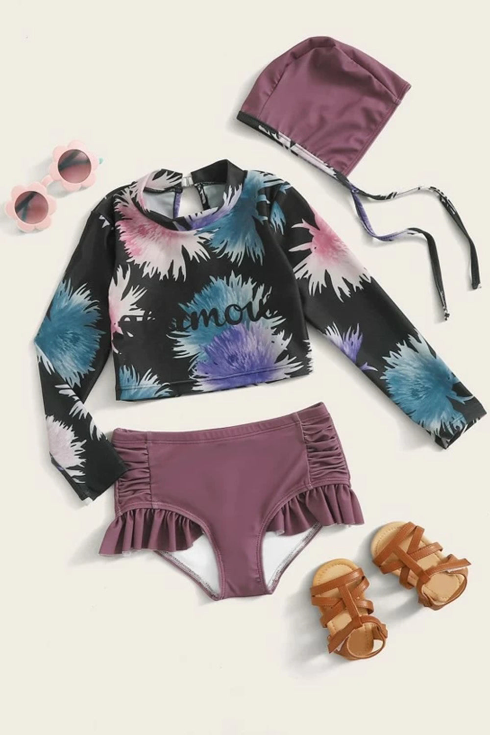 Levoire | Fille Lettres & Floral Imprimé Aléatoire Tankini & Chapeau Noir