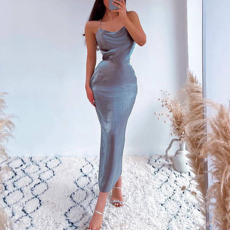 Levoire | Robe Midi Dos Nu En Satin Gris Gris