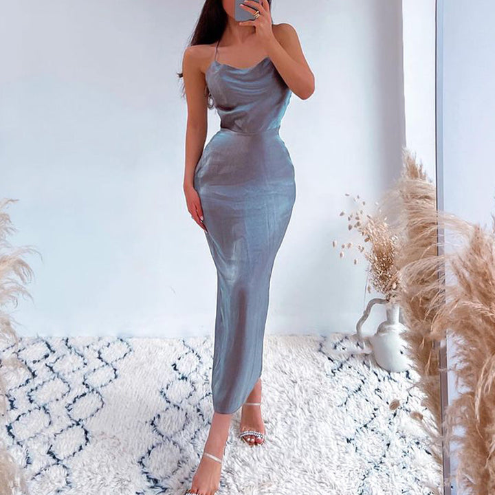 Levoire | Robe Midi Dos Nu En Satin Gris Gris