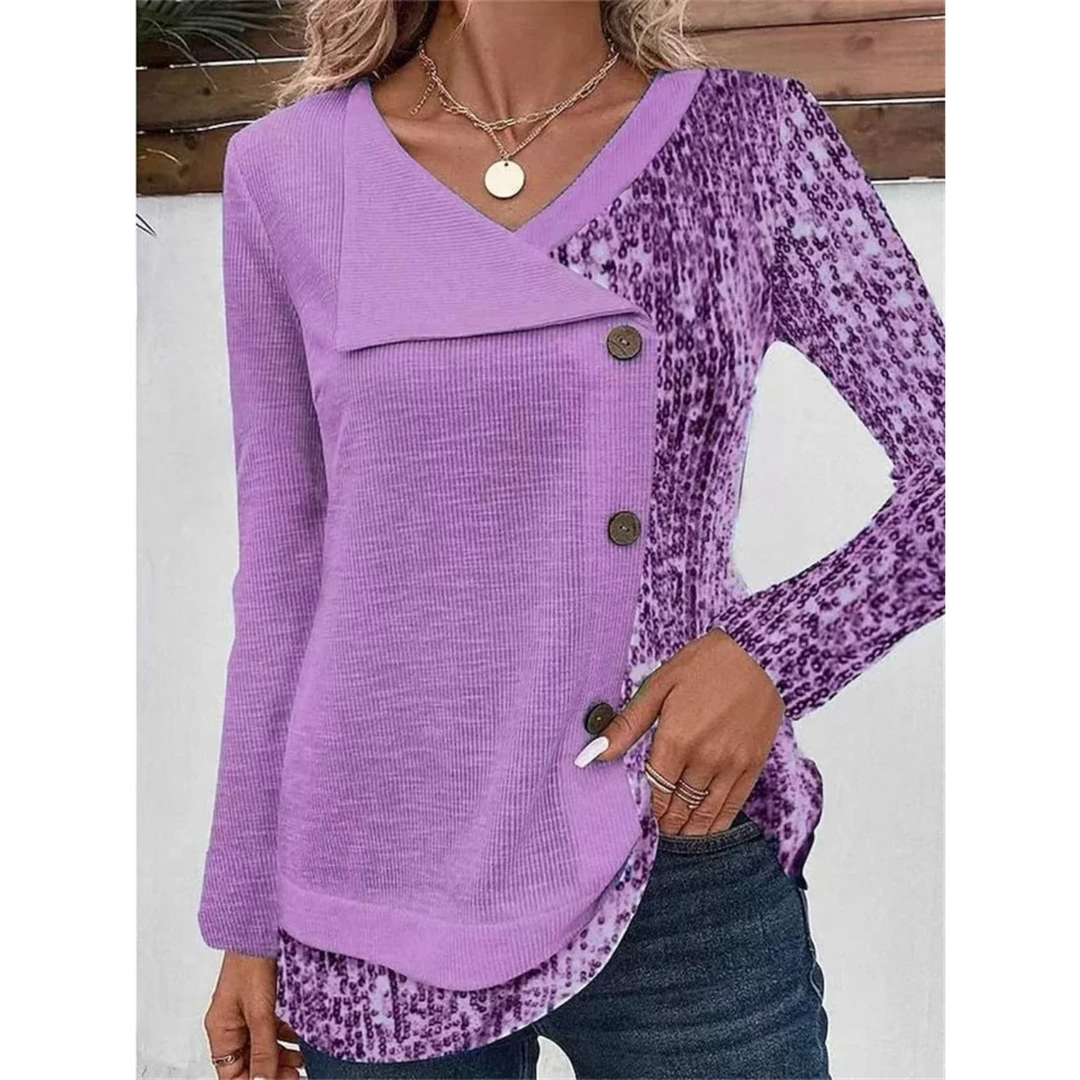 Levoire | Chemise À Col En V Imprimée Avec Bouton Pour Femmes À Manches Longues Lilas