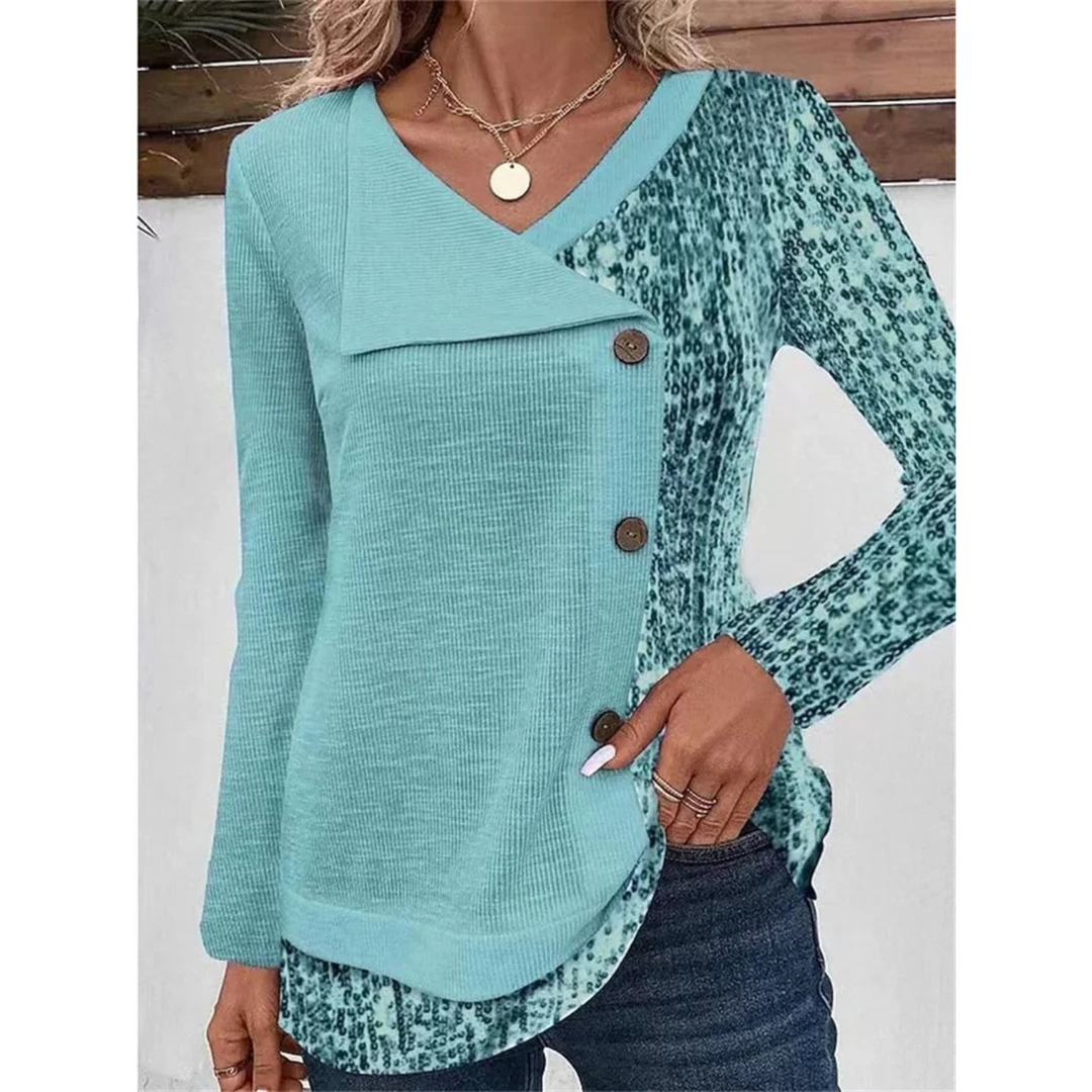 Levoire | Chemise À Col En V Imprimée Avec Bouton Pour Femmes À Manches Longues Bleu clair