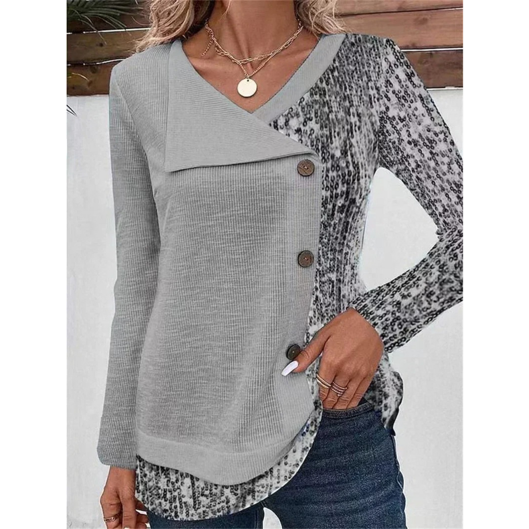 Levoire | Chemise À Col En V Imprimée Avec Bouton Pour Femmes À Manches Longues Gris