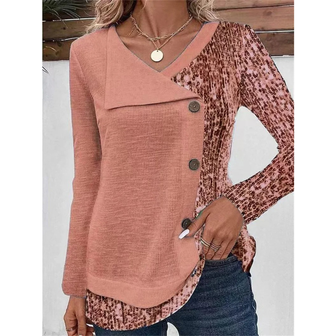 Levoire | Chemise À Col En V Imprimée Avec Bouton Pour Femmes À Manches Longues Rosa