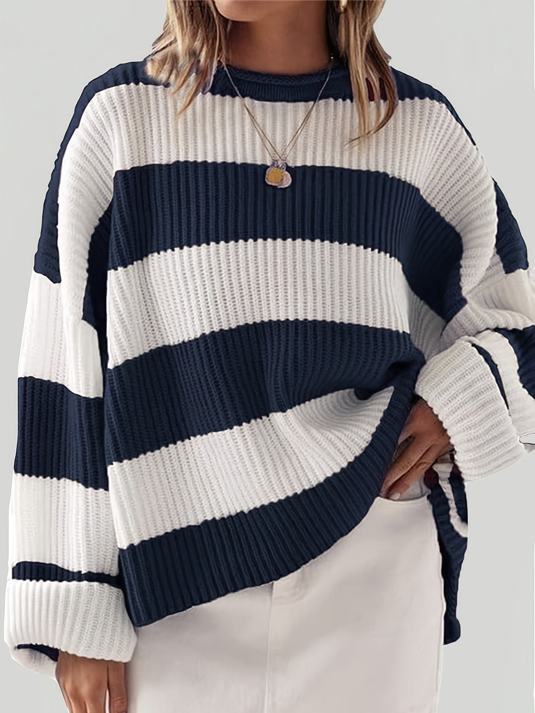 Levoire | Grande Taille Pull Rayé À Coupe Décontractée Bleu marine