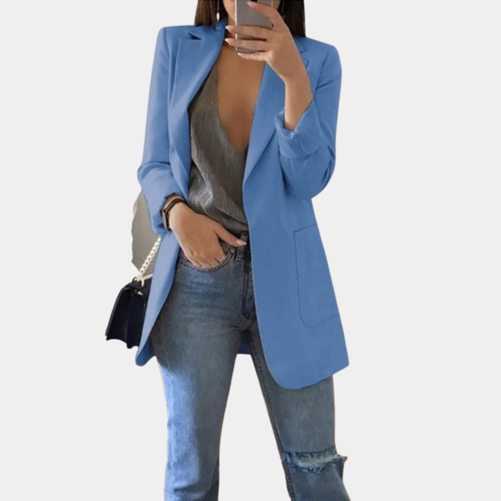 Levoire | Blazer Élégant À Manches Longues Col Plissé Et Poches Pratiques Bleu