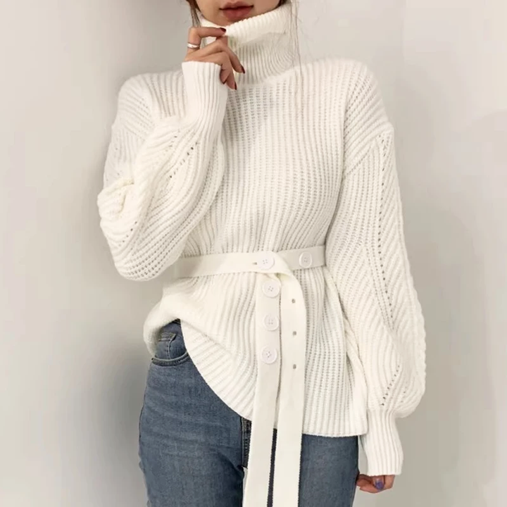 Levoire | Pull Femme Avec Col Haut, Lacets Et Manches Bouffantes Blanc