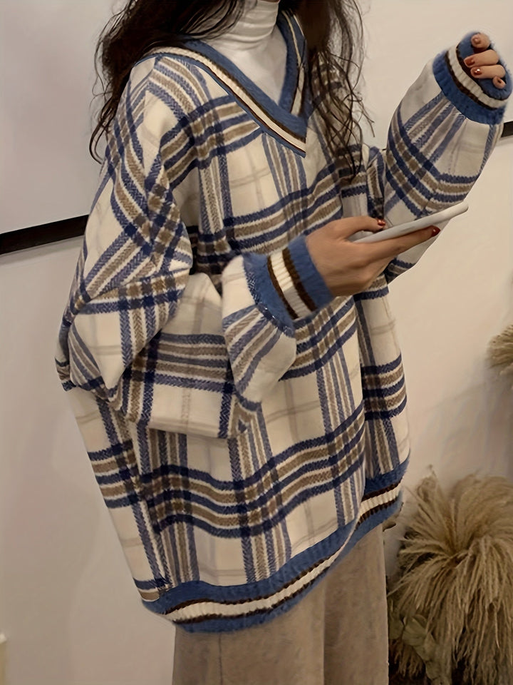 Levoire | Grande Taille Pull À Carreaux Avec Décolleté En V Pour Femmes