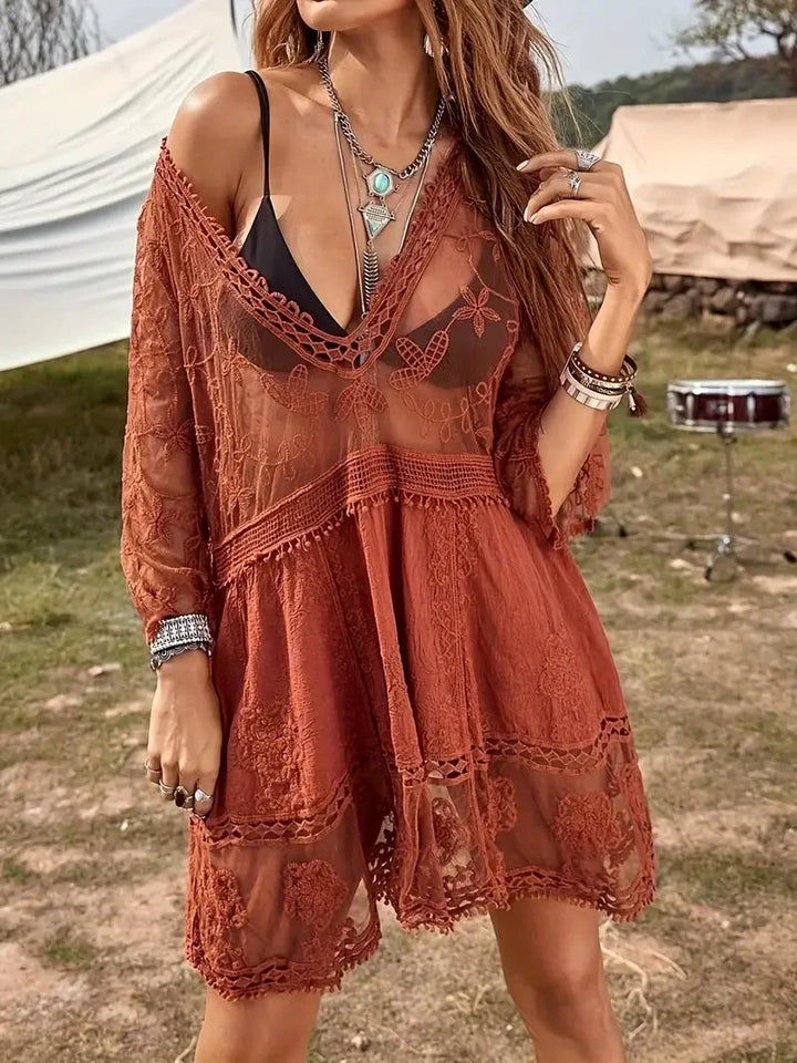 Levoire | Robe En Dentelle Transparente Surdimensionnée Style Boho Rouge brique Une taille