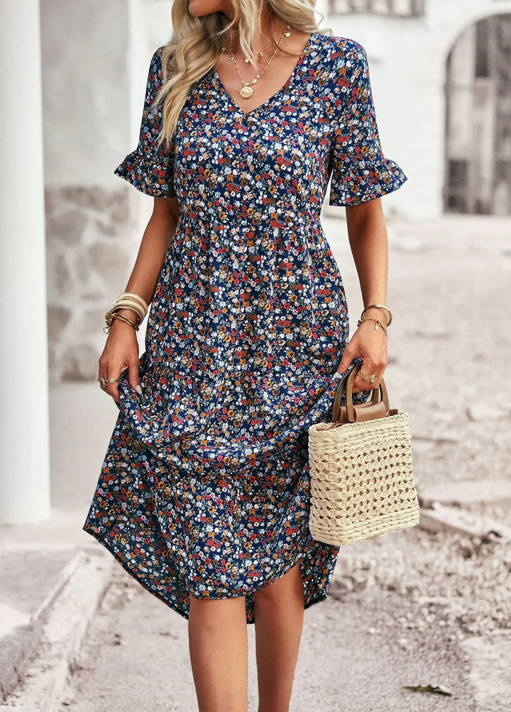 Levoire | Robe Imprimée À Manches Courtes Et Décolleté En V En Tissu Léger Bleu