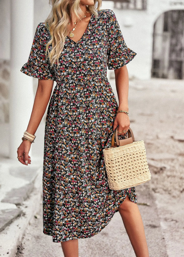 Levoire | Robe Imprimée À Manches Courtes Et Décolleté En V En Tissu Léger Noir