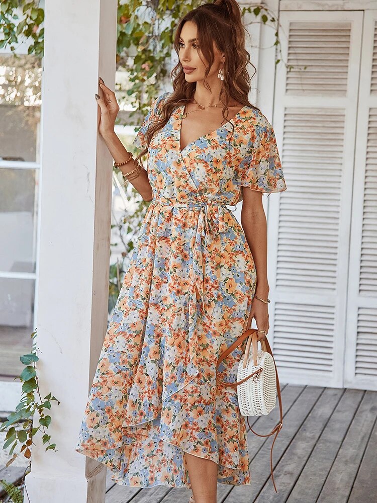 Levoire | Style Boho Robe D'Été À Manches Courtes Robe Midi