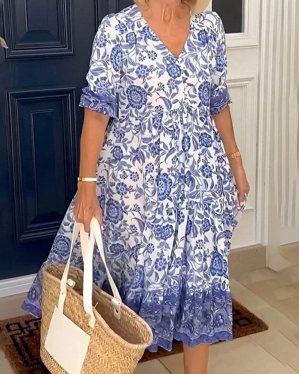Levoire | Manches Courtes Robe D'Été Ample Robe Maxi Bleu