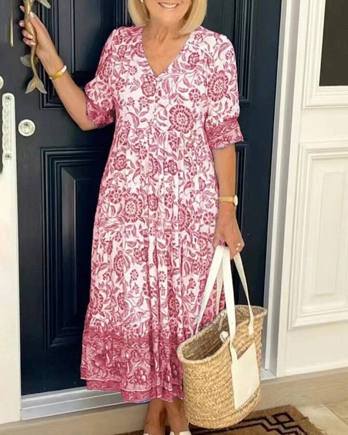 Levoire | Manches Courtes Robe D'Été Ample Robe Maxi Rosa