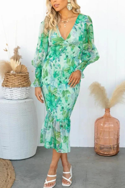 Levoire | Manches Longues Robe Élégante À Col V Robe Midi Vert