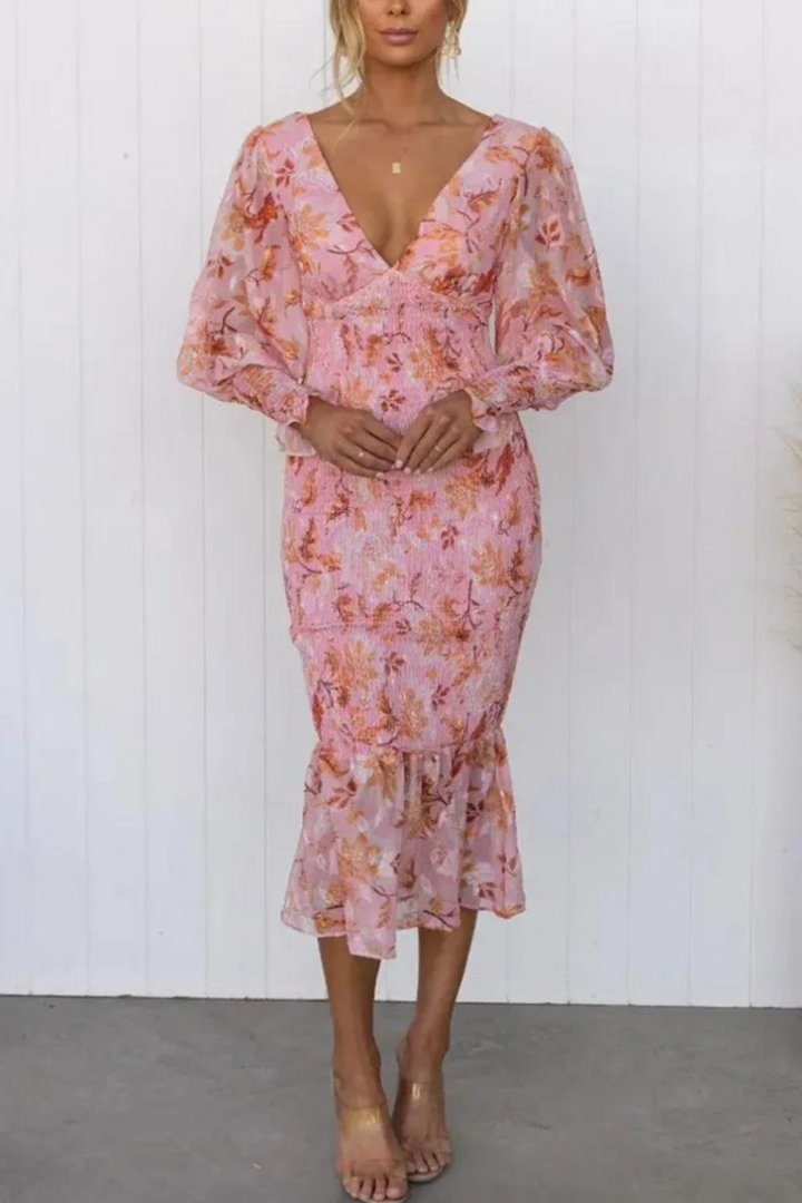 Levoire | Manches Longues Robe Élégante À Col V Robe Midi Rosa