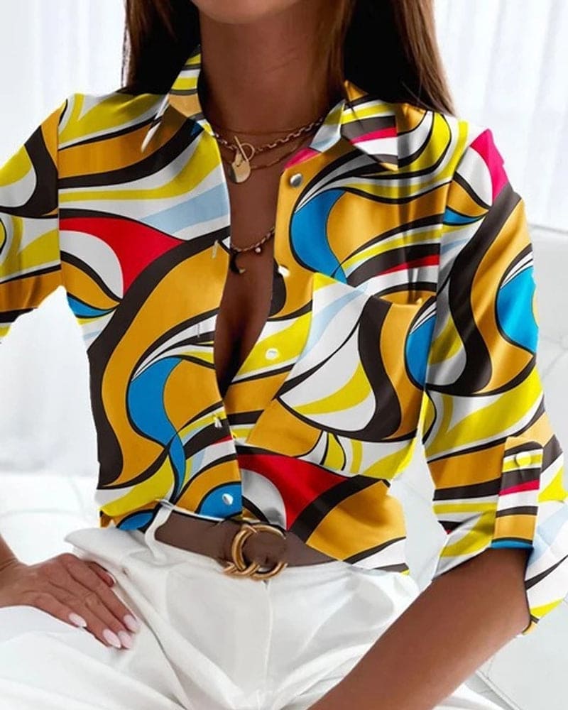 Levoire | Blouse Femme Avec Manches Mi-Longues Imprimées Et Patte De Boutonnage Jaune