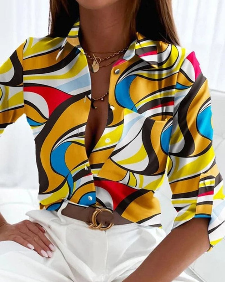 Levoire | Blouse Femme Avec Manches Mi-Longues Imprimées Et Patte De Boutonnage Jaune
