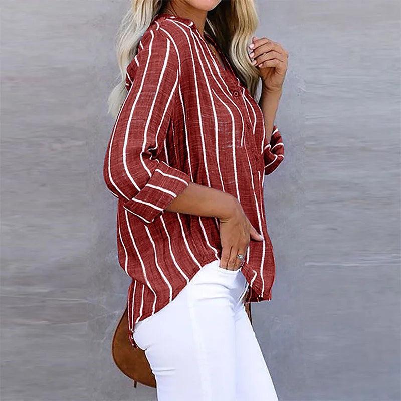 Levoire | Patte De Boutonnage Rayé Coupe Ample Manches Longues Blouse Pour Femmes