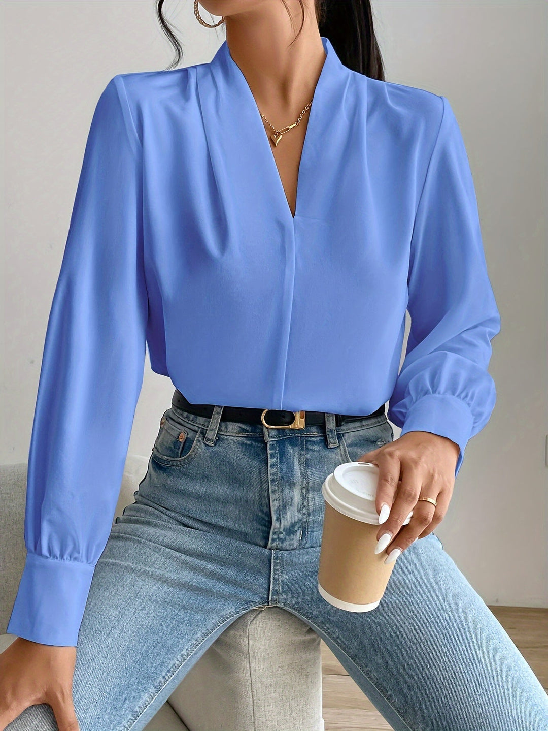 Levoire | V-Cou Élégante Blouse Dame Manches Lanternes Manches Longues Blouse Dame Bleu ciel