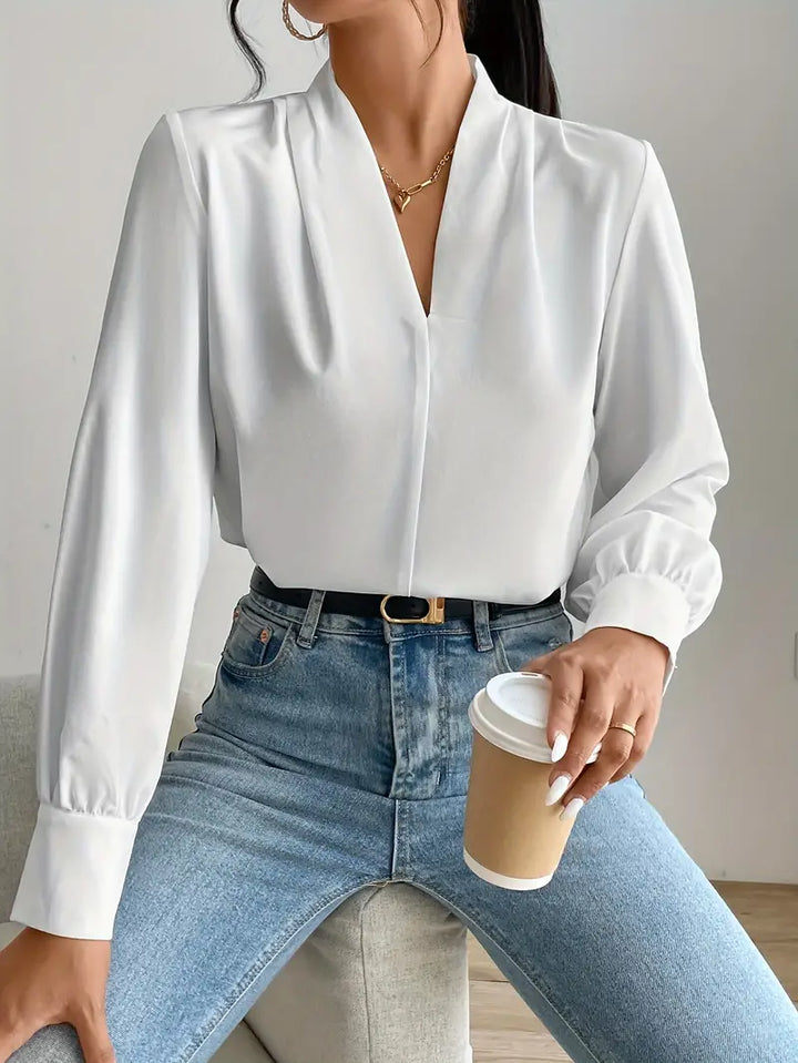 Levoire | V-Cou Élégante Blouse Dame Manches Lanternes Manches Longues Blouse Dame Blanc