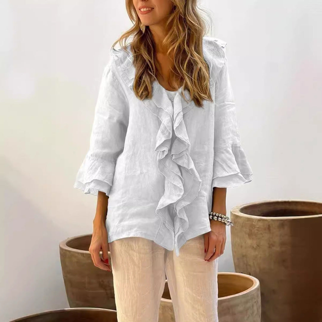 Levoire | Blouse Femme Volant Avec Décolleté En V Détendu Et Manches Longues Blanc