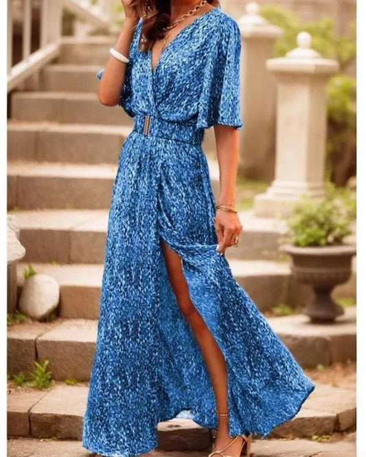 Levoire | Élégante robe longue à col en V et manches courtes avec un superbe imprimé floral Bleu