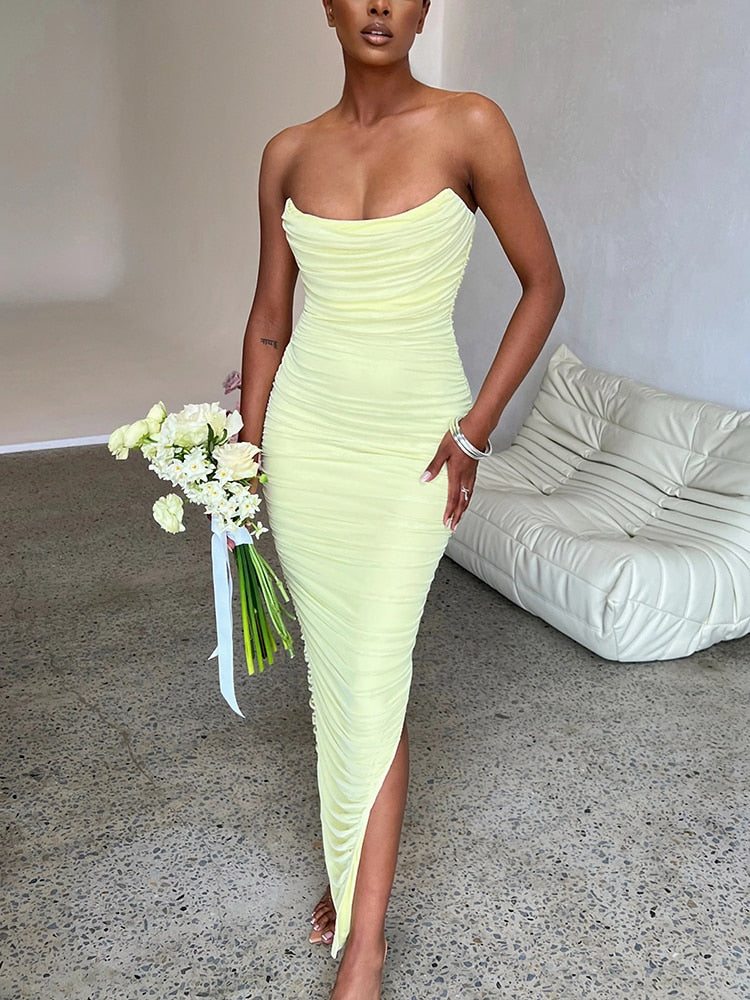 Levoire | Robe D'Été Sans Bretelles À Fente Latérale Longue Jaune