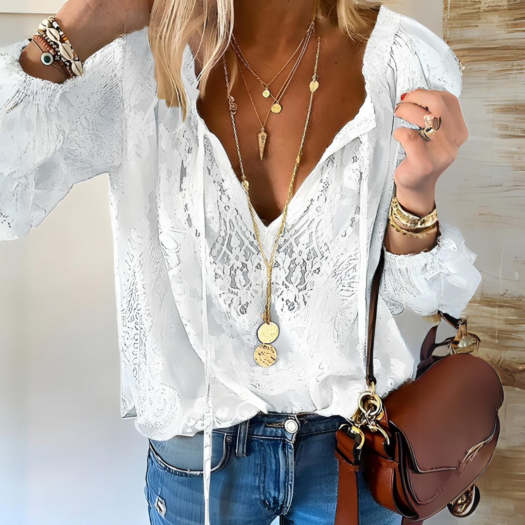 Levoire | Blouse Dentelle Coupe Ample Blouse Avec Décolleté En V Haut À Manches Longues Blanc