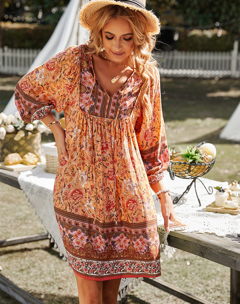 Levoire | Robe Mini À Fleurs À Manches Longues Robe D'Été Orange
