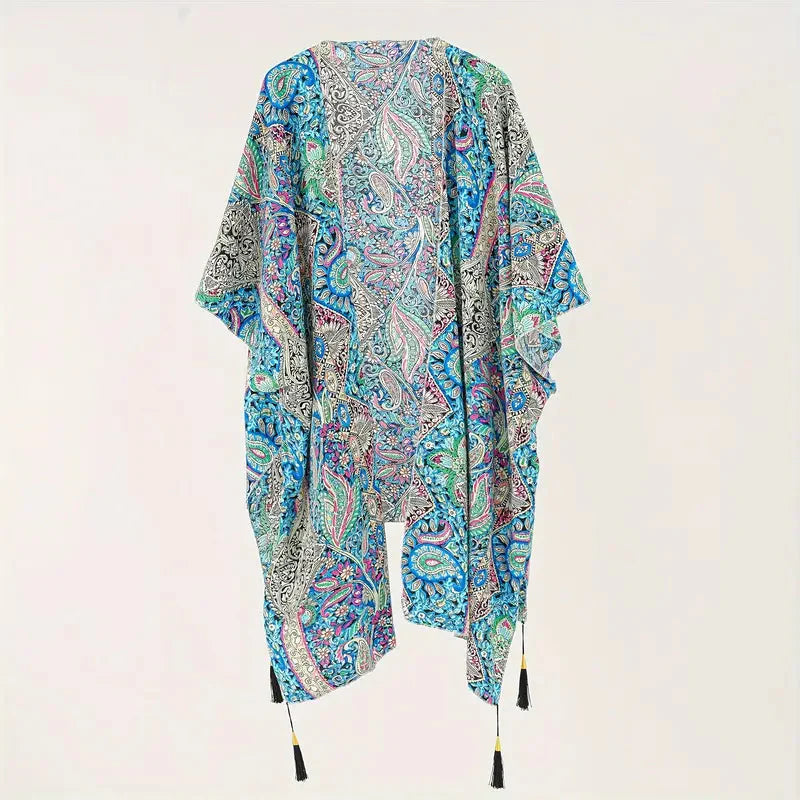 Levoire | Kimono, Imprimé Paisley, Devant Ouvert, Survêtement De Bikini, Kimono De Plage Bleu Vert Une taille