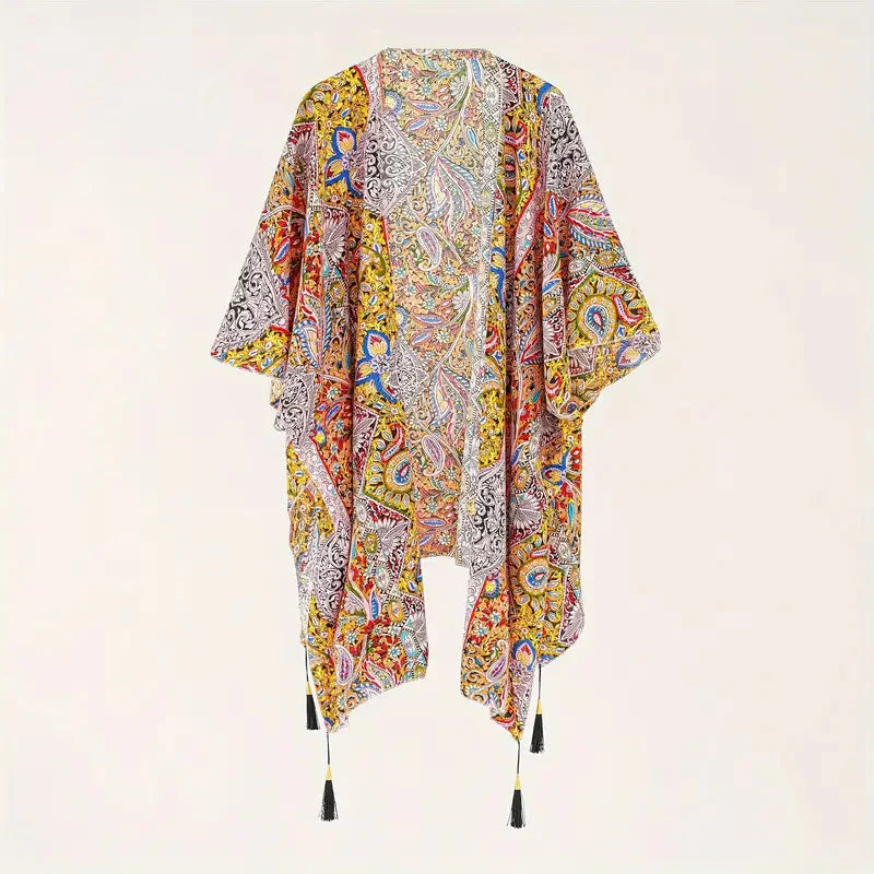 Levoire | Kimono, Imprimé Paisley, Devant Ouvert, Survêtement De Bikini, Kimono De Plage Rouge Jaune Une taille